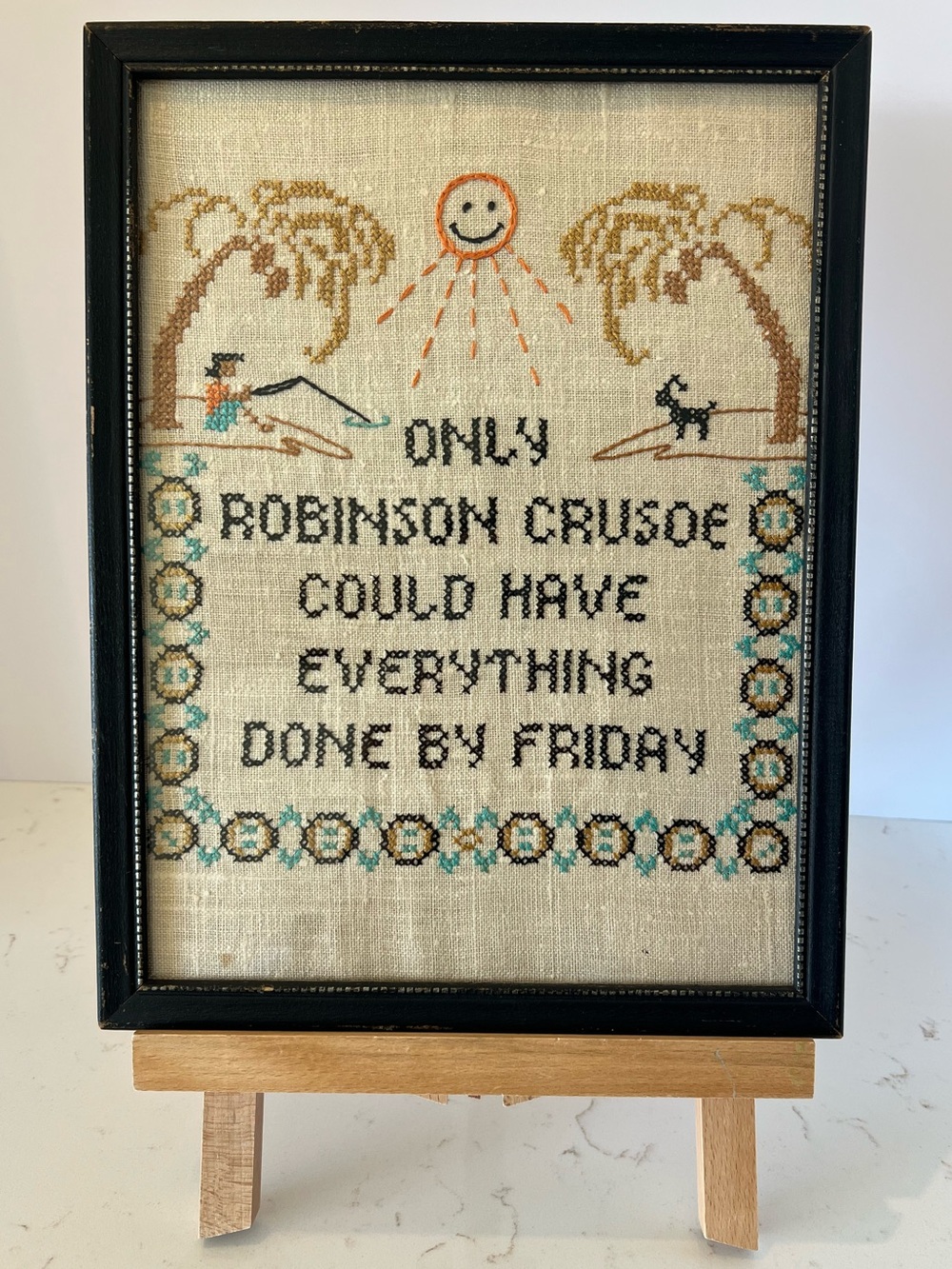 Vintage Framed Cross Stitch Sampler Robinson Crusoe Quote Island Folk Art - Picture 1 of 10